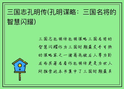 三国志孔明传(孔明谋略：三国名将的智慧闪耀)